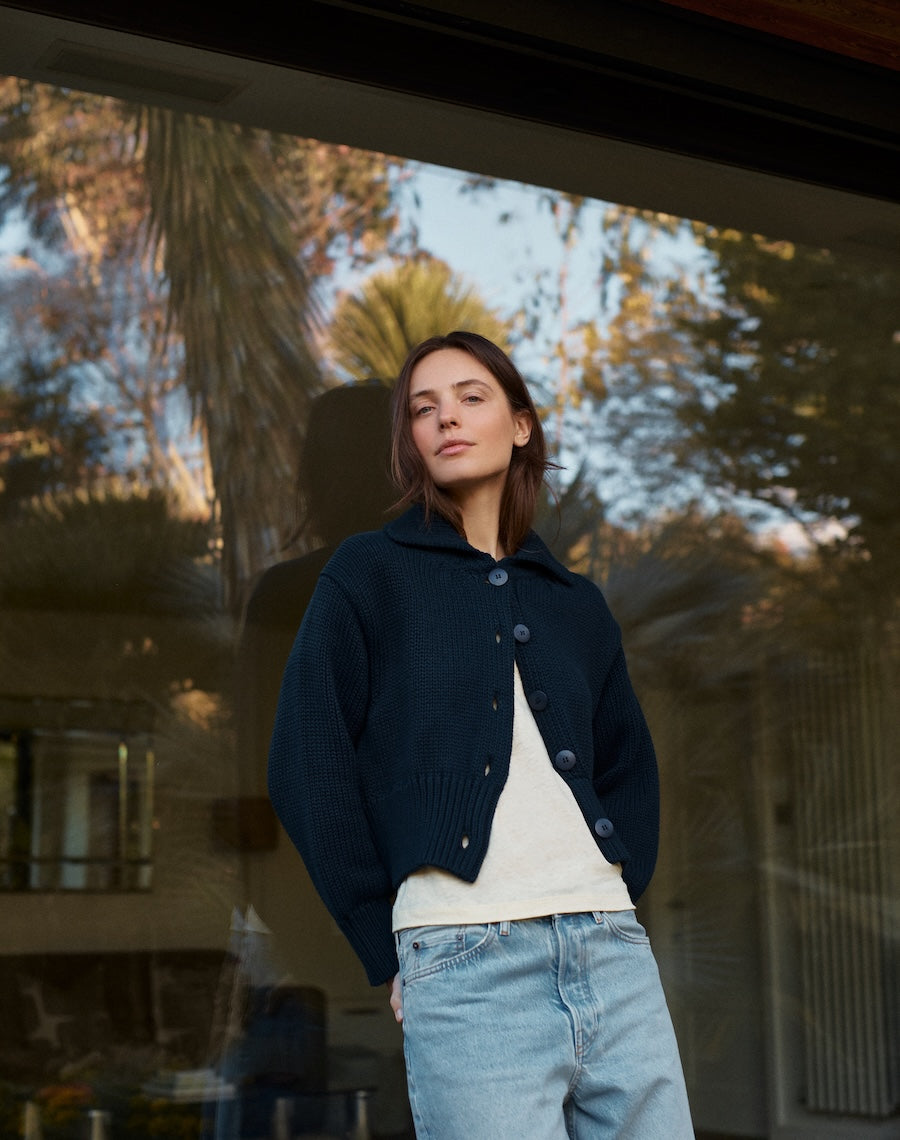 Navy Cotton Cardigan with Collar