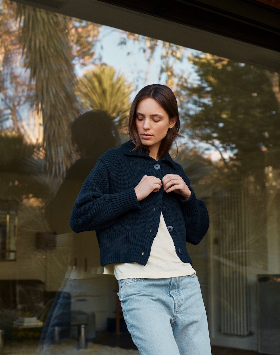 Navy Cotton Cardigan with Collar