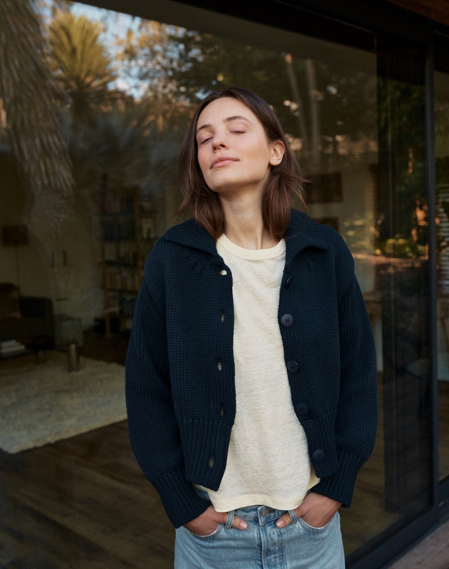 Navy Cotton Cardigan with Collar