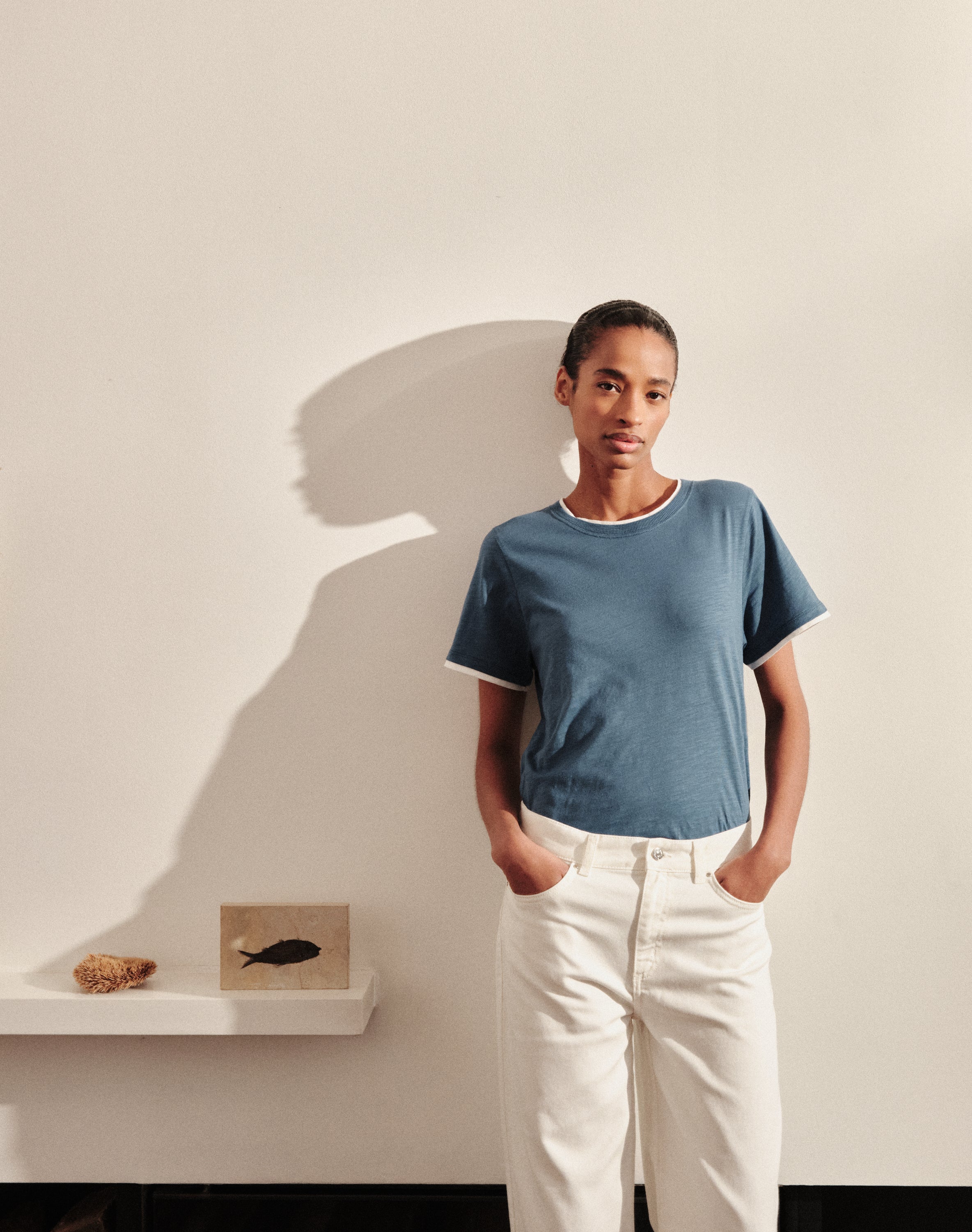 Blue & White cotton t-shirt with layered effect