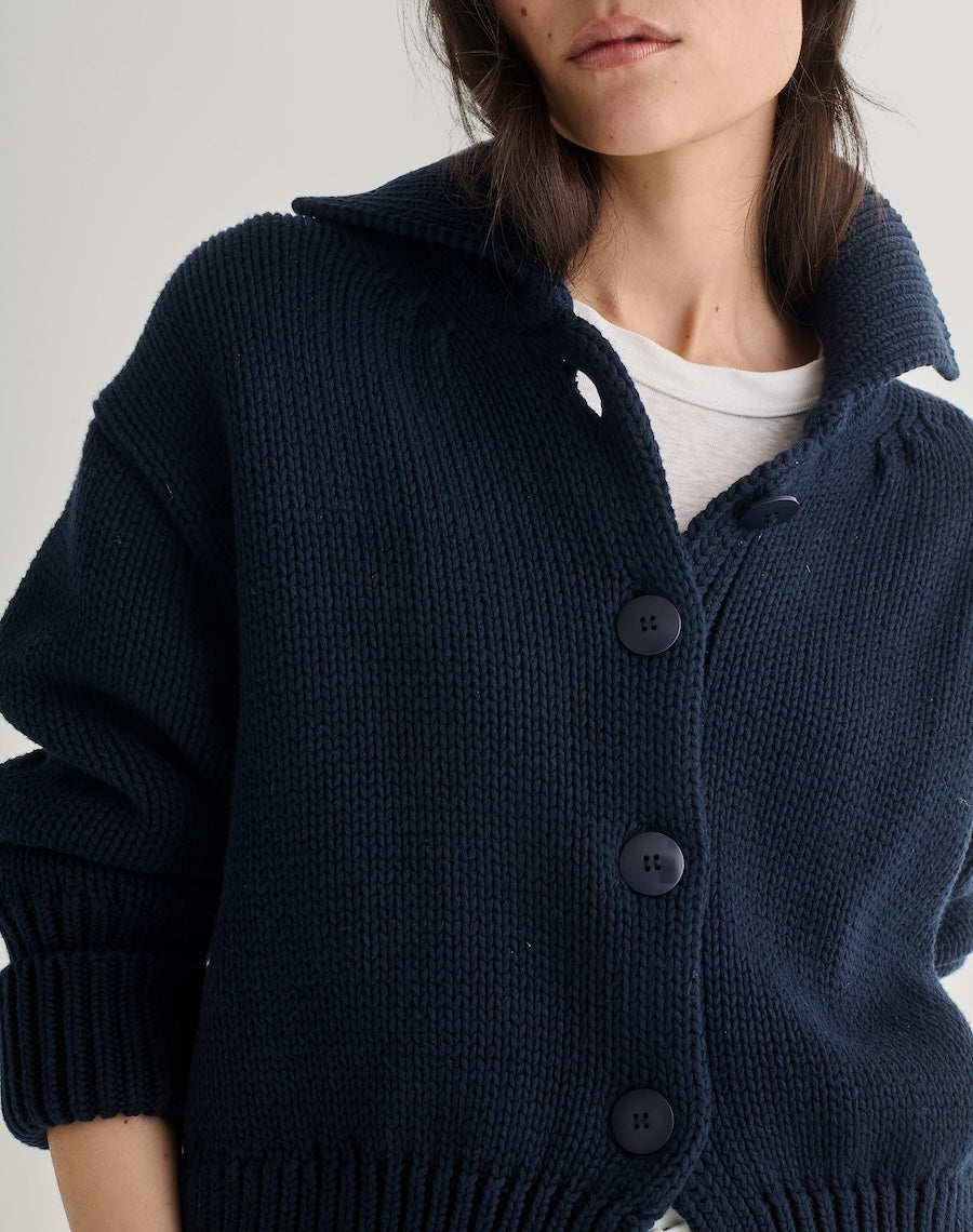 Navy Cotton Cardigan with Collar