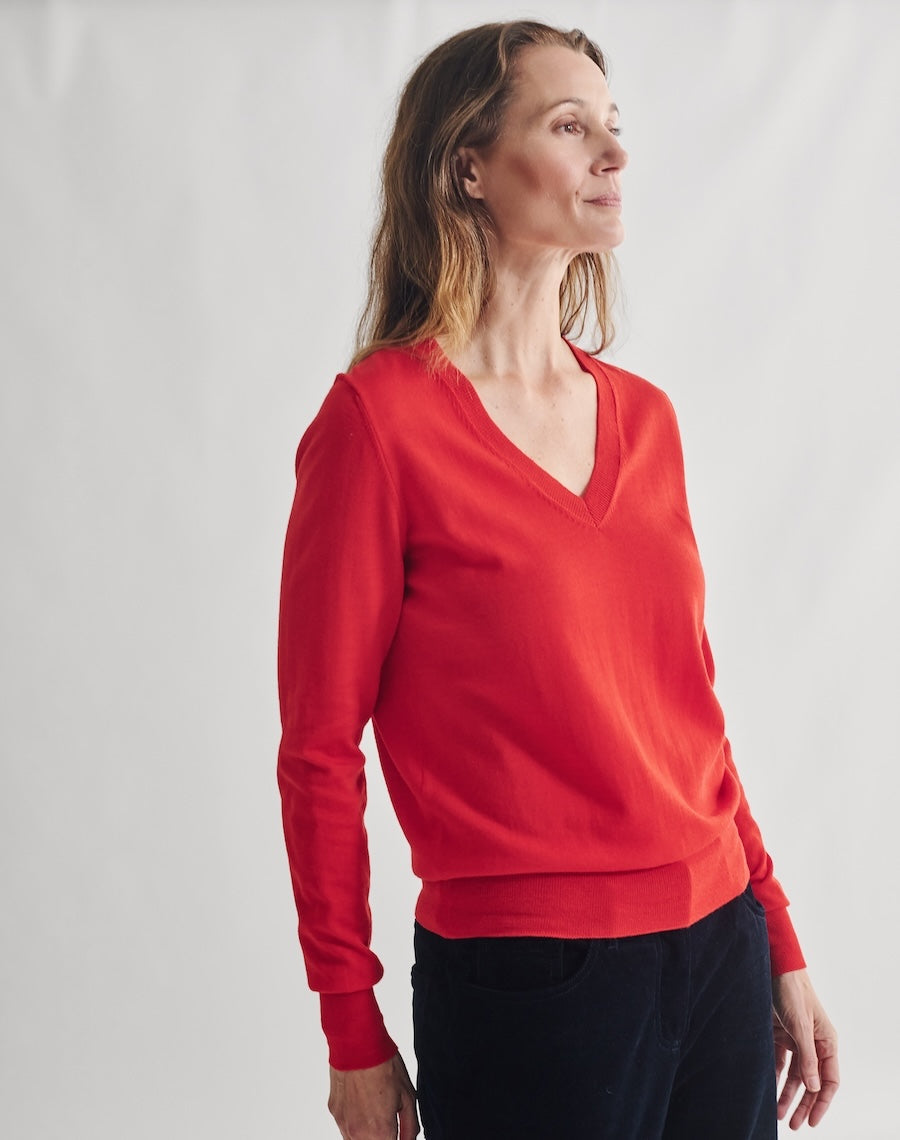 Person wearing a red sweater against a white background